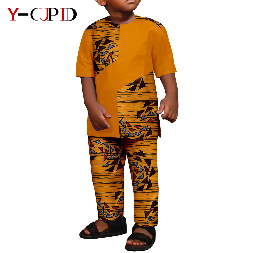 African Clothes for Boys Kid Outfits Dashiki Summer Cotton Ankara Print Top and Pant Sets Bazin Riche Children Outwear Y224017 | Afrocentric