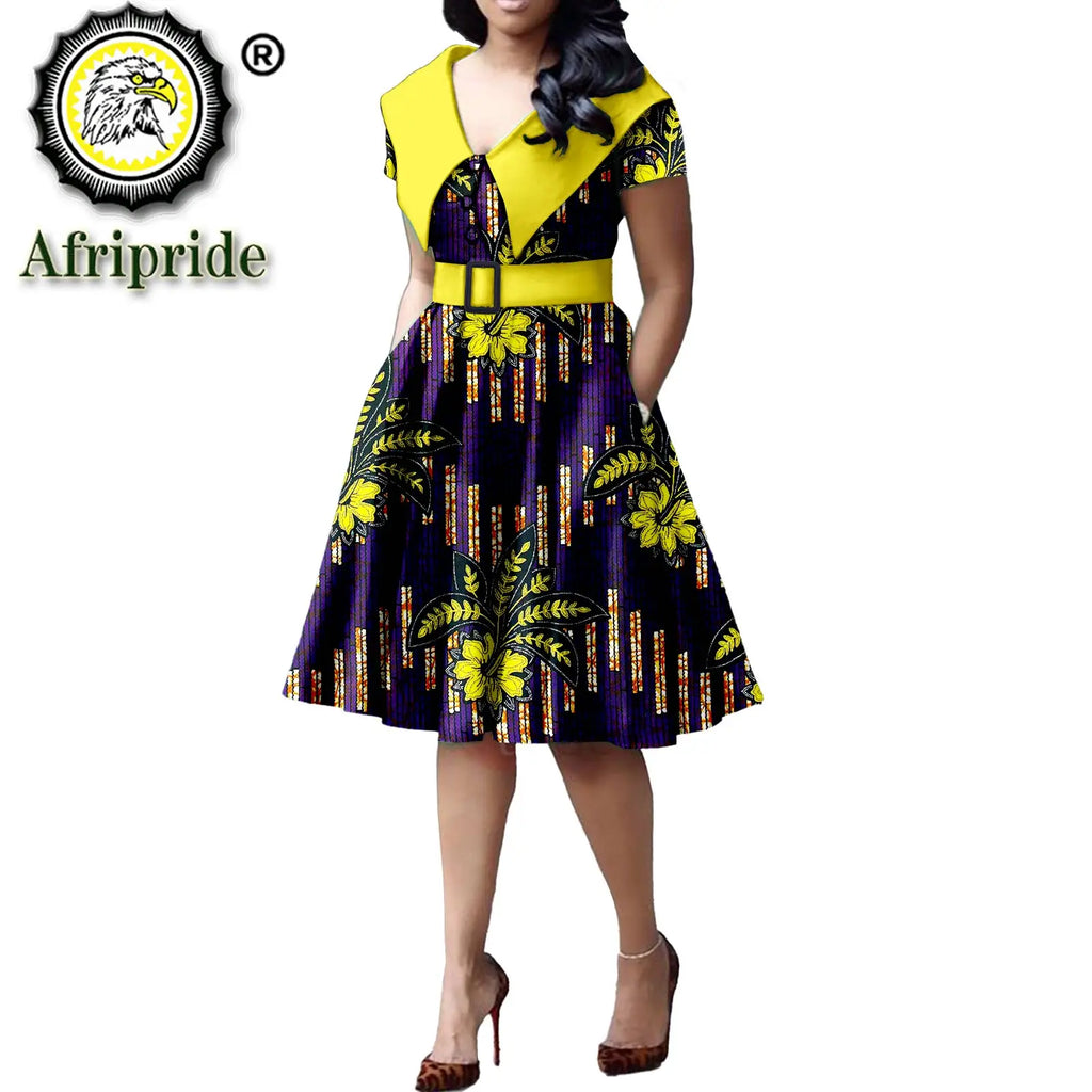 African Print Dresses for Women Short Sleeve Elegant Party Plus Size Pleated Dress with Belt Bazin Riche Ankara Print S2125034 | Afrocentric