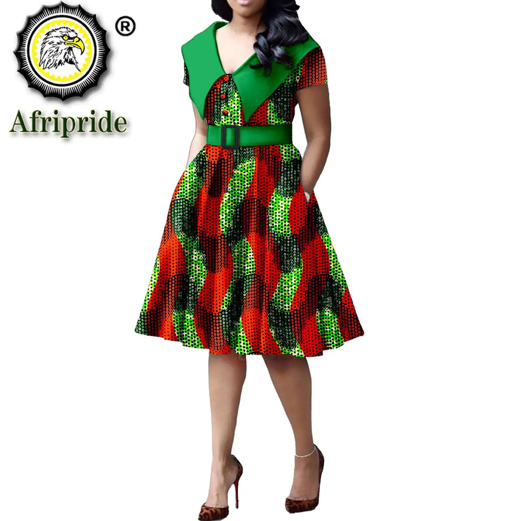 African Print Dresses for Women Short Sleeve Elegant Party Plus Size Pleated Dress with Belt Bazin Riche Ankara Print S2125034 | Afrocentric
