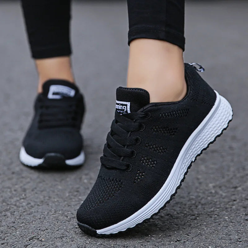 Women Casual Breathable Mesh Flat Sneakers - Lightweight Walking Gym Shoes A08Black | Afrocentric