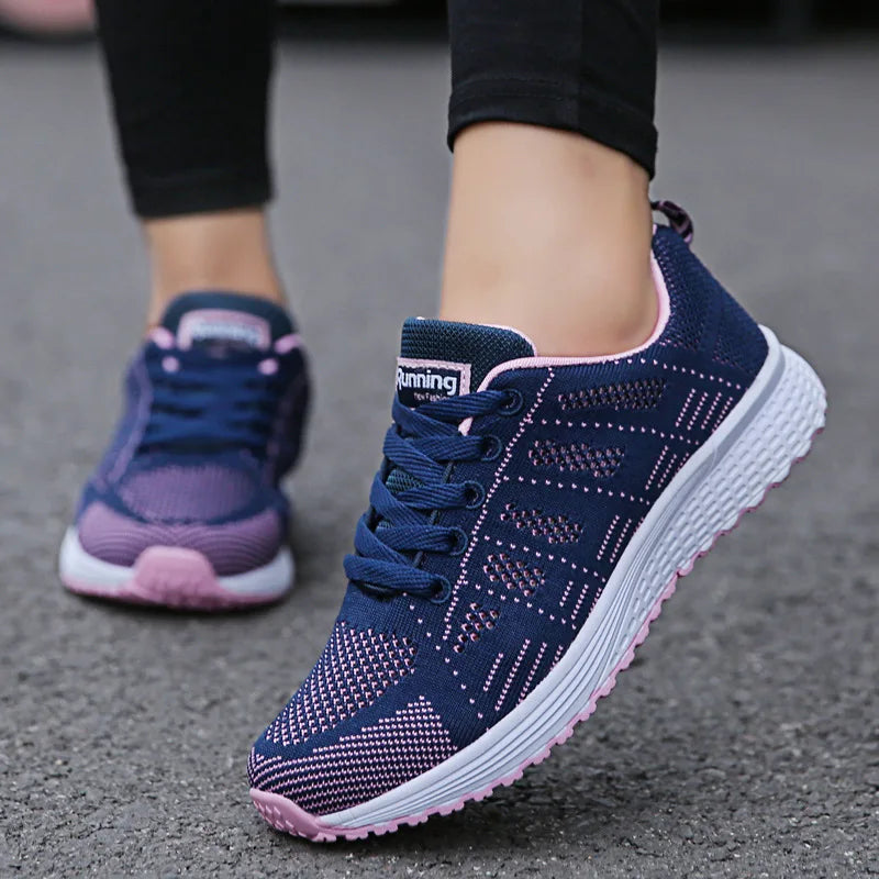 Women Casual Breathable Mesh Flat Sneakers - Lightweight Walking Gym Shoes A08Dark blue | Afrocentric