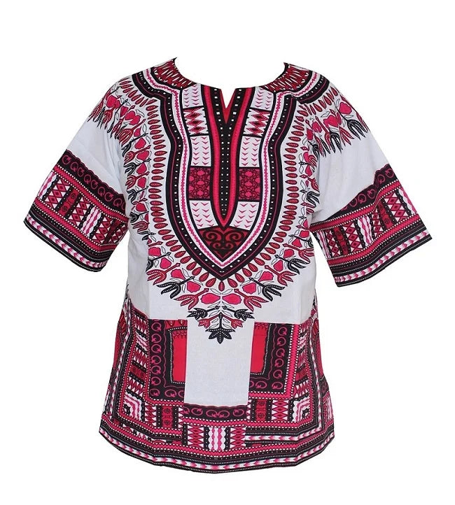 African Dashiki Print Dress WHITE PINK China Mainland | Afrocentric