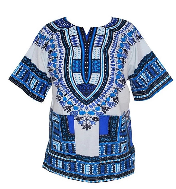 African Dashiki Print Dress WHITE BLUE China Mainland | Afrocentric