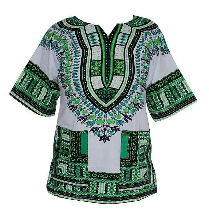 African Dashiki Print Dress WHITE GREEN China Mainland | Afrocentric