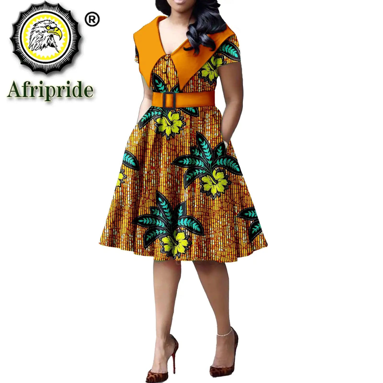 African Print Dresses for Women Short Sleeve Elegant Party Plus Size Pleated Dress with Belt Bazin Riche Ankara Print S2125034 | Afrocentric