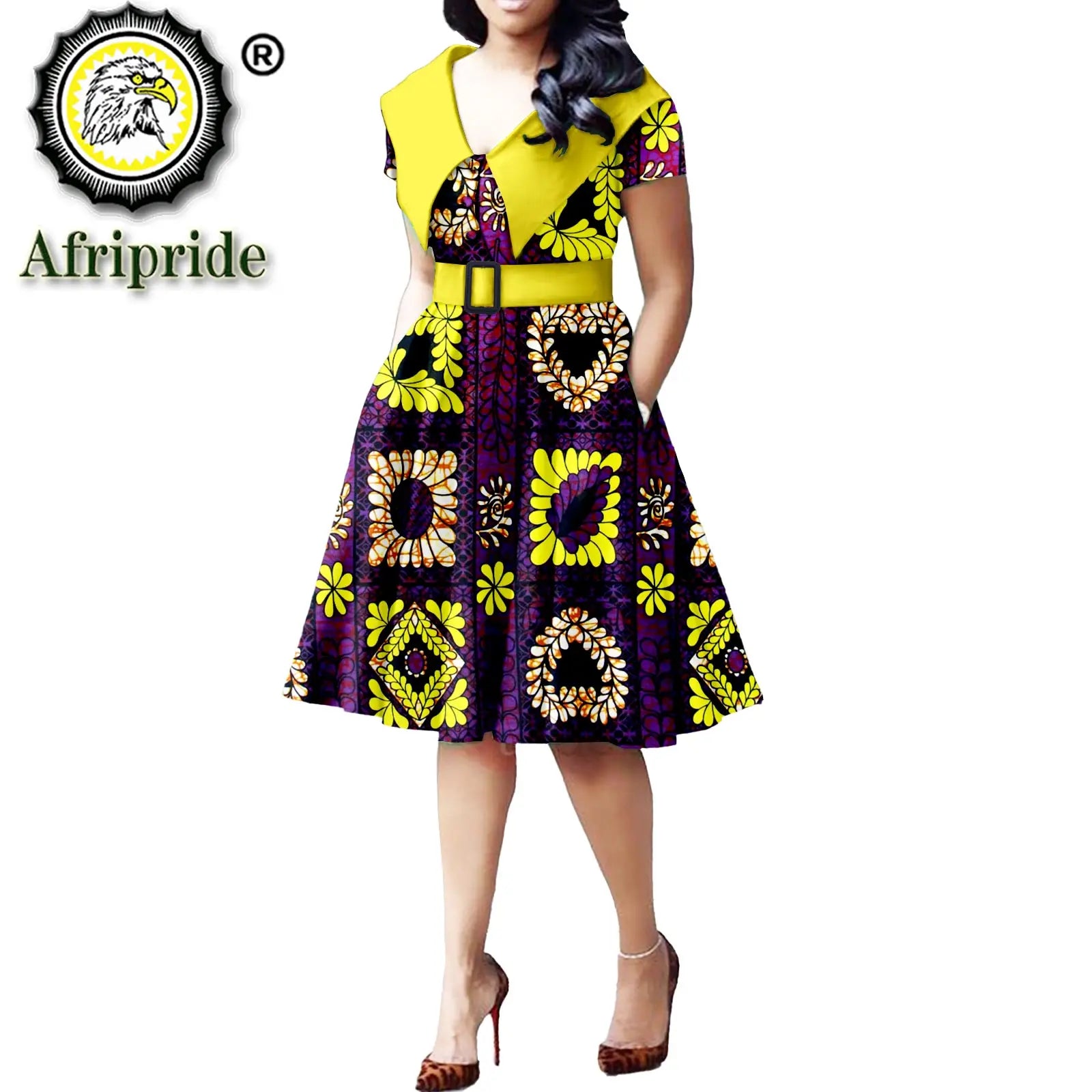 African Print Dresses for Women Short Sleeve Elegant Party Plus Size Pleated Dress with Belt Bazin Riche Ankara Print S2125034 | Afrocentric