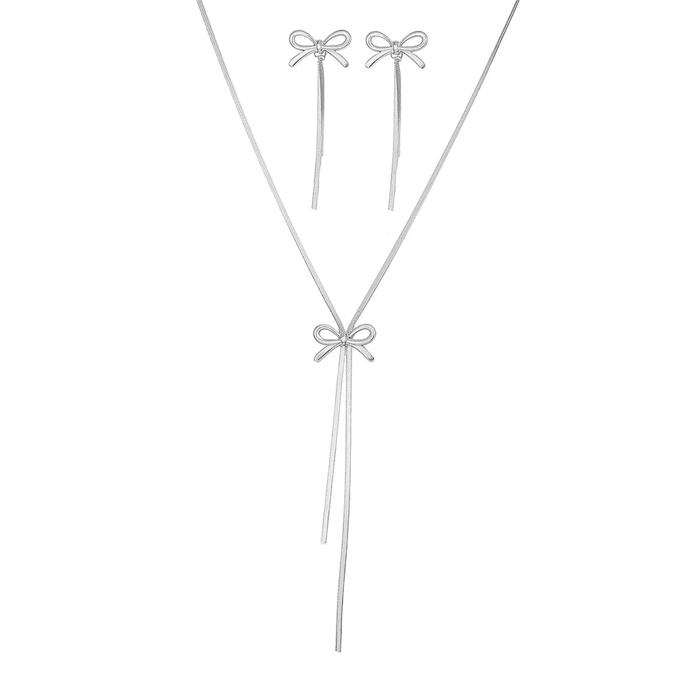 Delicate Bow Tassel Chain Necklace & Earrings Set | Gold Stainless Steel | Afrocentric