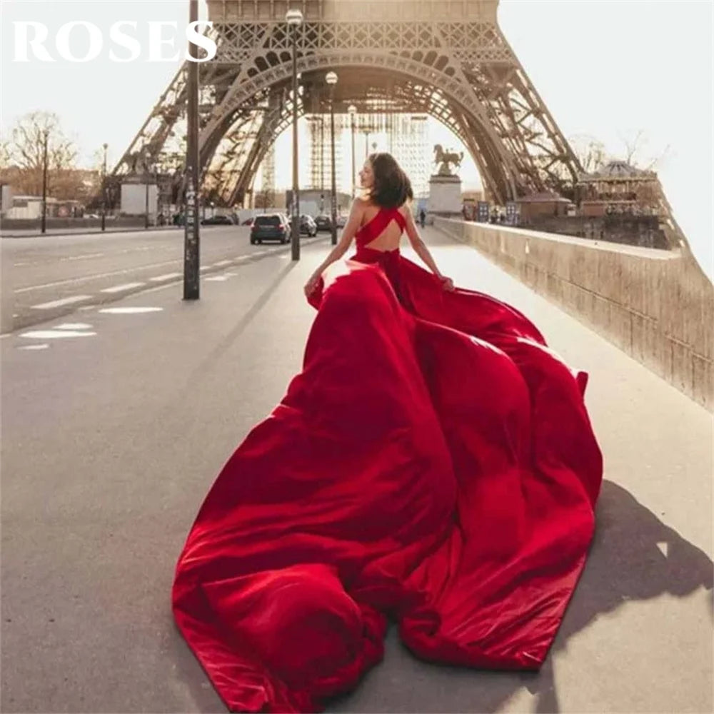 Red Satin Prom Dress | Sleeveless Backless Trumpet Gown with V-Neck & Pleats | Afrocentric