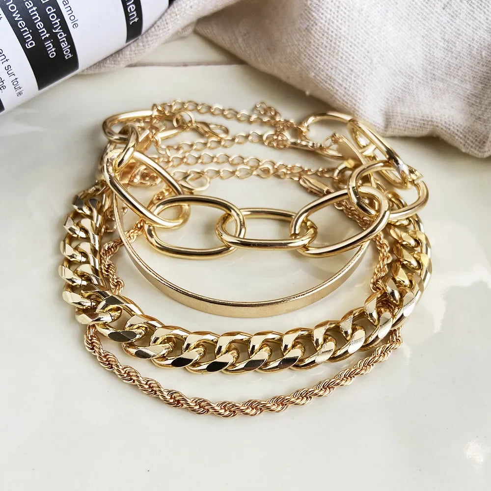 Boho Gold Chain Bracelet Set | Geometric Link Chain Open Bangle for Women | Afrocentric