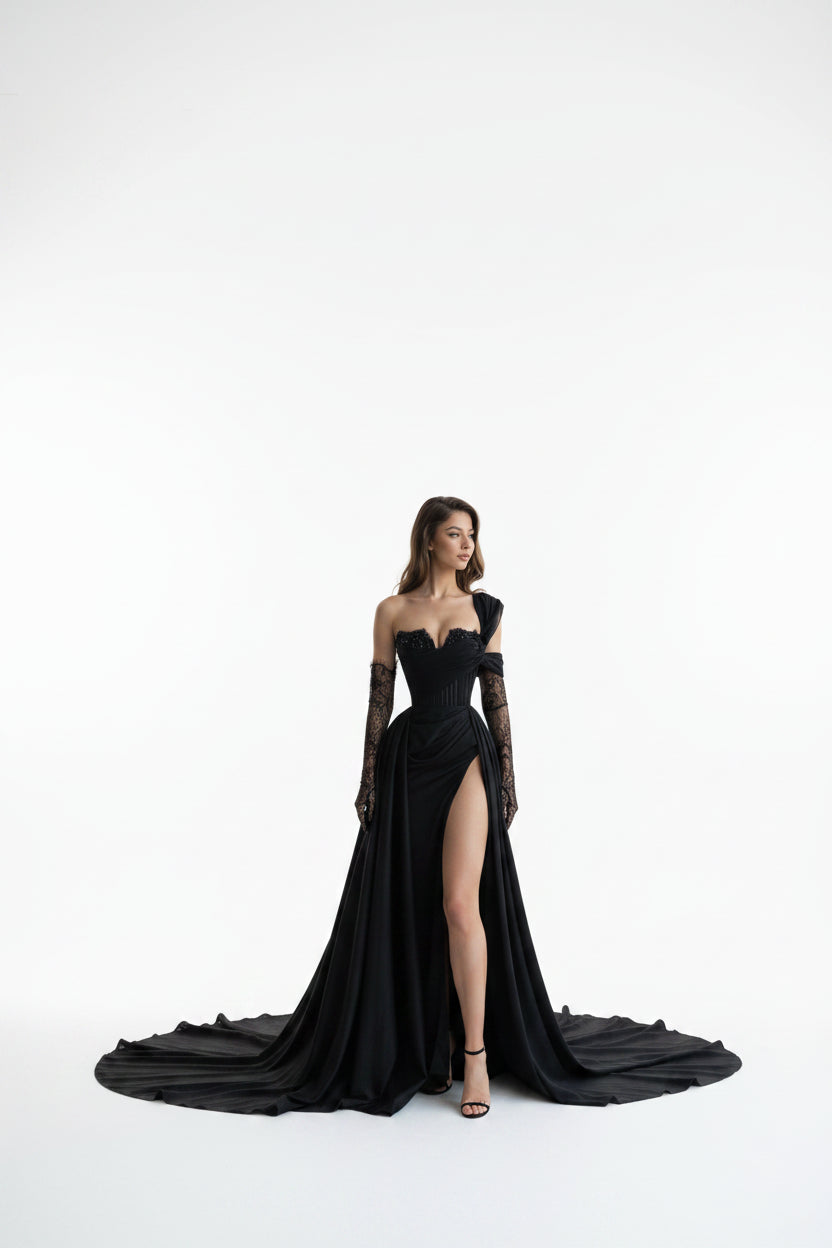 Mermaid Evening Dress | One Shoulder High Split Satin Prom Gown Black | Afrocentric