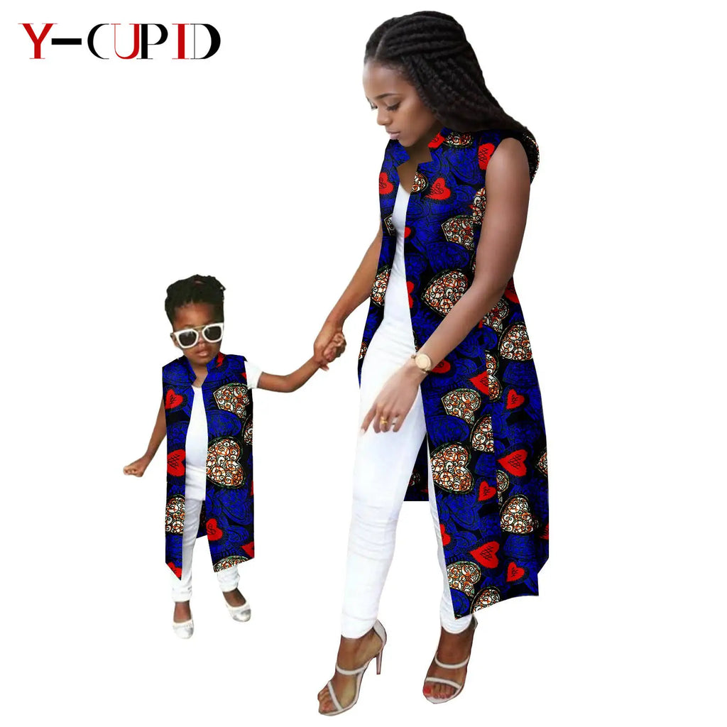 African Print Long Vest for Women and Girls Dashiki Summer Cotton Ankara Mother Jacket Outfits Matching Daughter Clothes 24F041 | Afrocentric