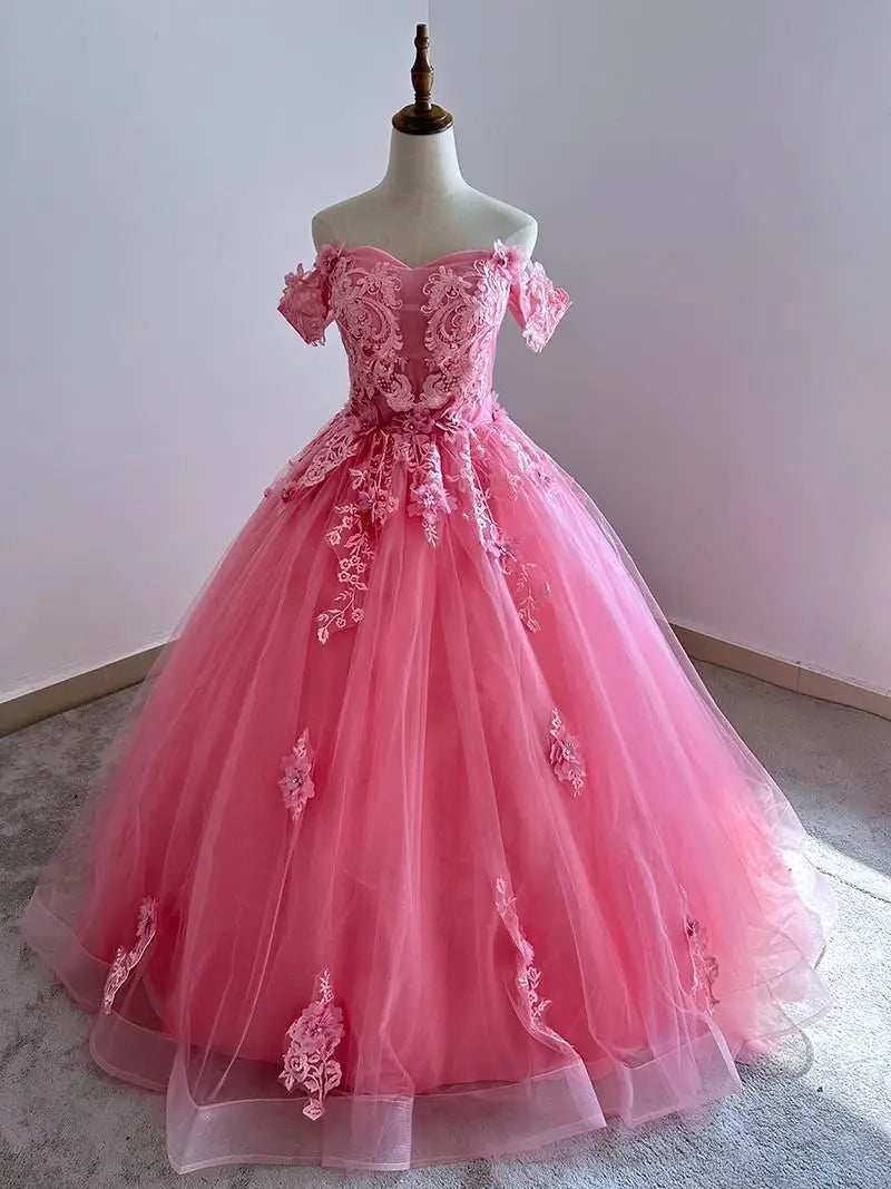Floral Quinceañera Ball Gown – Off Shoulder Tulle Dress (Plus Size Available)