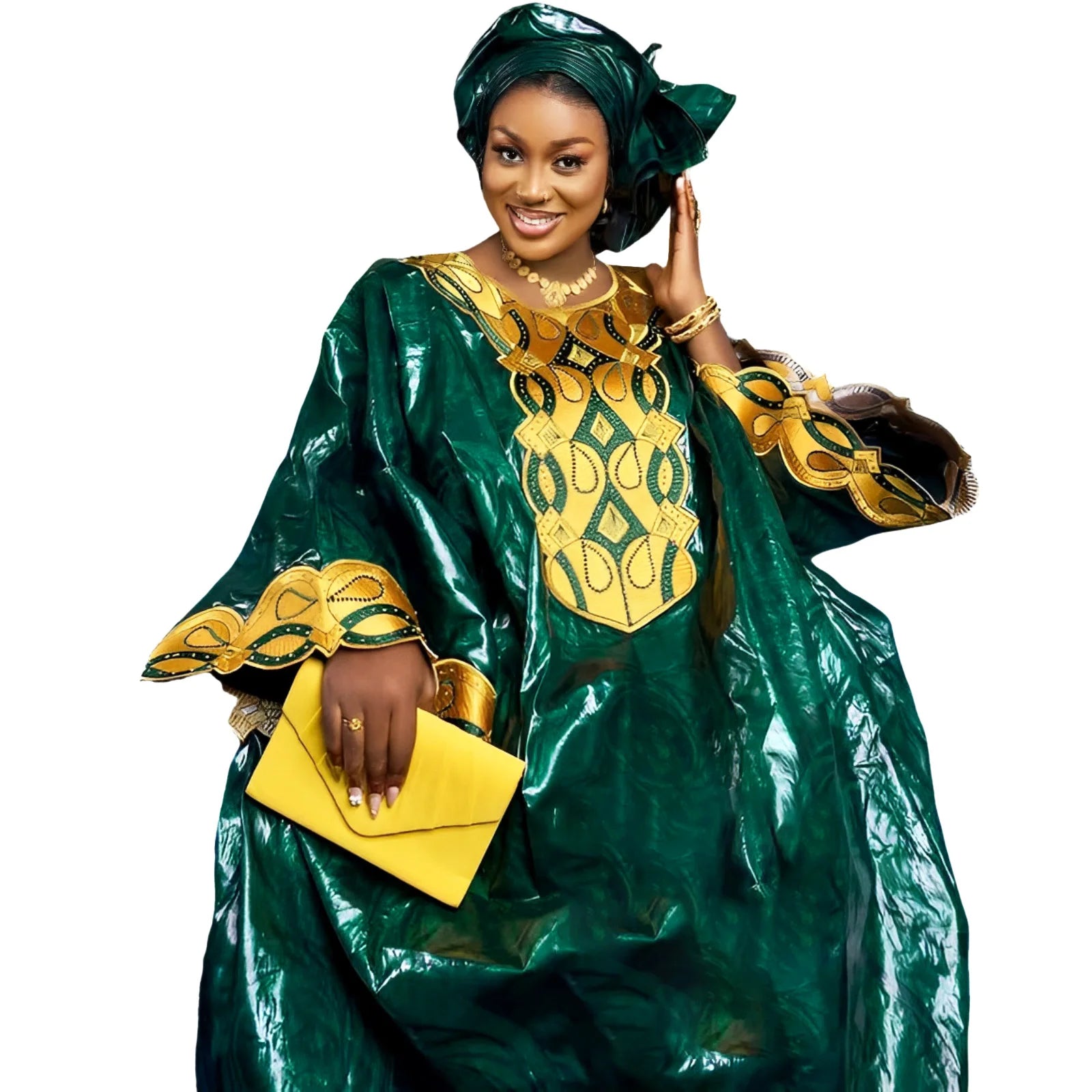 African Bazin Riche Embroidery Long Dress green | Afrocentric