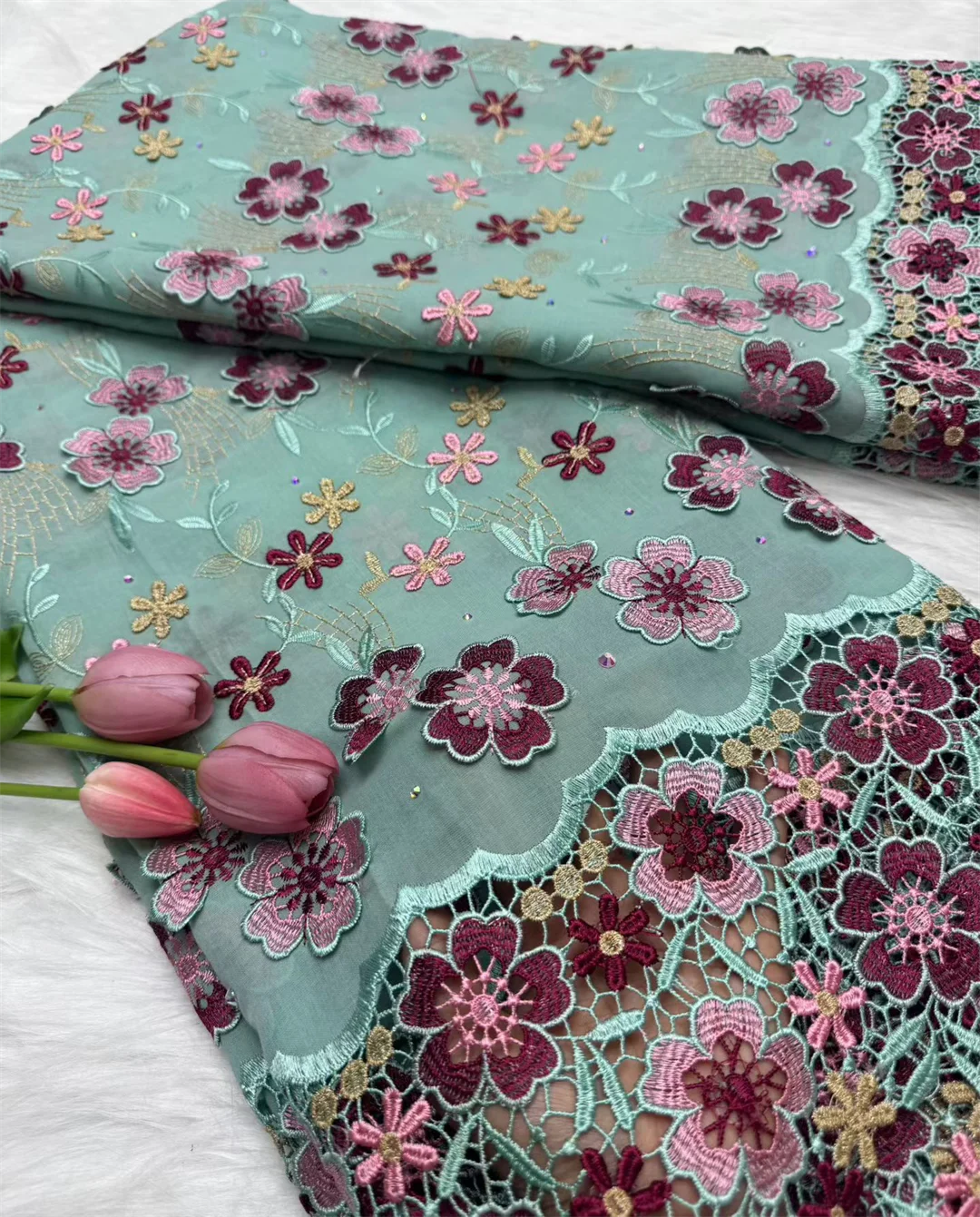 Swiss Voile Lace In Switzerland With 3D Flower Applique Stones 2026 Super Quality African Lace Fabric For Wedding Lace Dress LY7364-9 120cm 5 Yards | Afrocentric