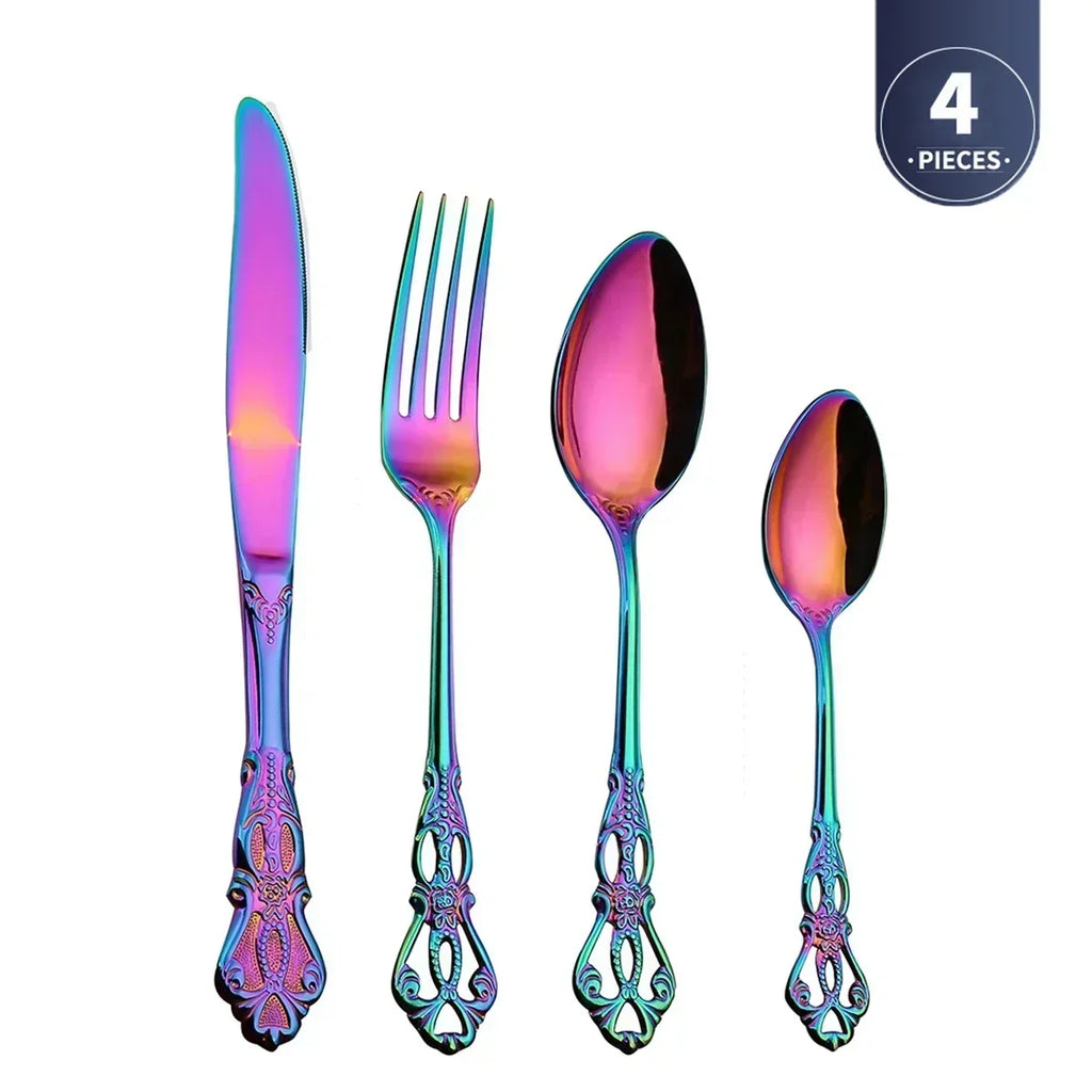 Luxury Retro Cutlery Set | Engraved Stainless Steel Flatware | 4pc, 5pc, 16pc & 24pc Sets Rainbow 4pcs China Mainland | Afrocentric