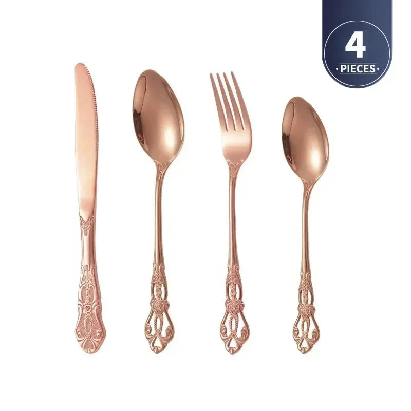 Luxury Retro Cutlery Set | Engraved Stainless Steel Flatware | 4pc, 5pc, 16pc & 24pc Sets Rose Gold 4pcs China Mainland | Afrocentric