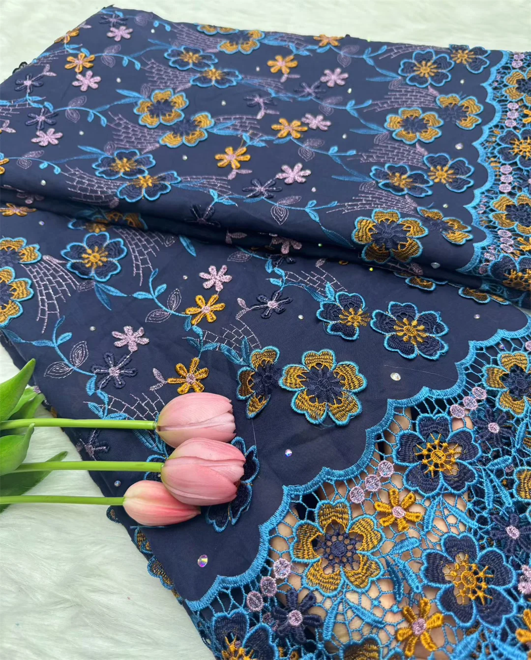 Swiss Voile Lace In Switzerland With 3D Flower Applique Stones 2026 Super Quality African Lace Fabric For Wedding Lace Dress LY7364-8 120cm 5 Yards | Afrocentric