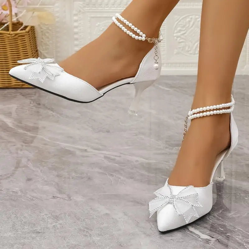 Elegant Pearl Chain Ankle Strap Pumps - Bowknot Pointed Toe High Heel Wedding Shoes | Afrocentric