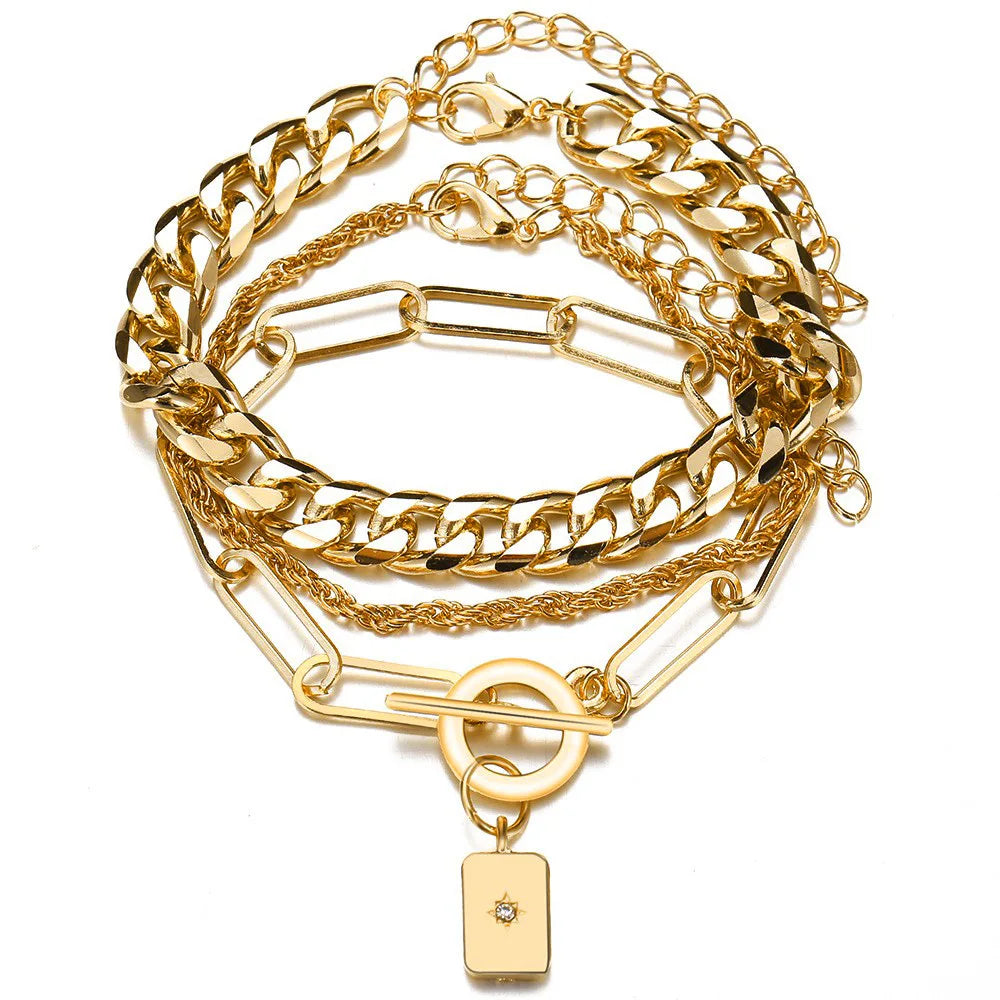 Boho Gold Chain Bracelet Set | Geometric Link Chain Open Bangle for Women 130 | Afrocentric