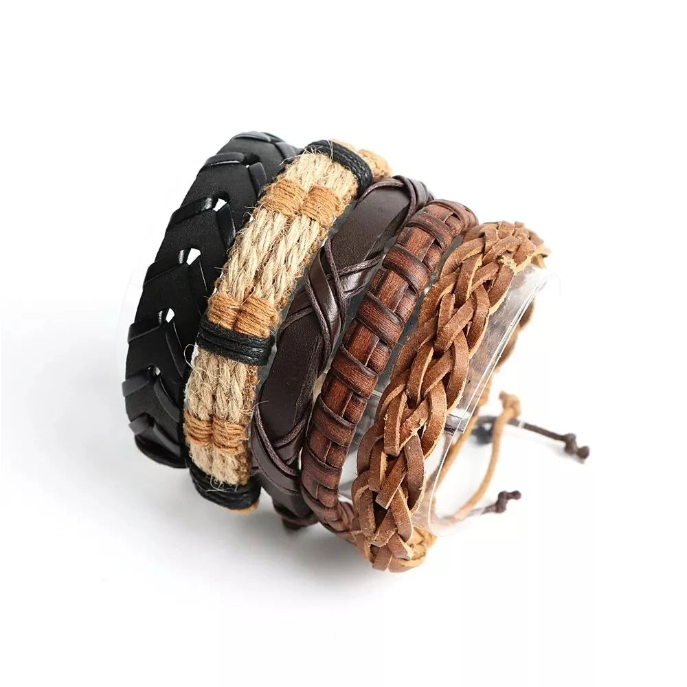 Braided Leather Bracelet Set | Ethnic Tribal Handmade Wrap Bracelets with Wood Beads | Afrocentric