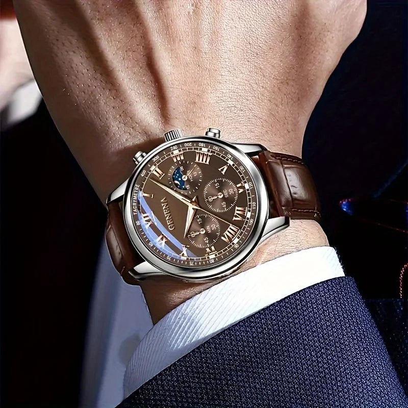 Men's Luxury Quartz Watch | Roman Numeral Dial, Leather Strap & Glow Hands | Afrocentric