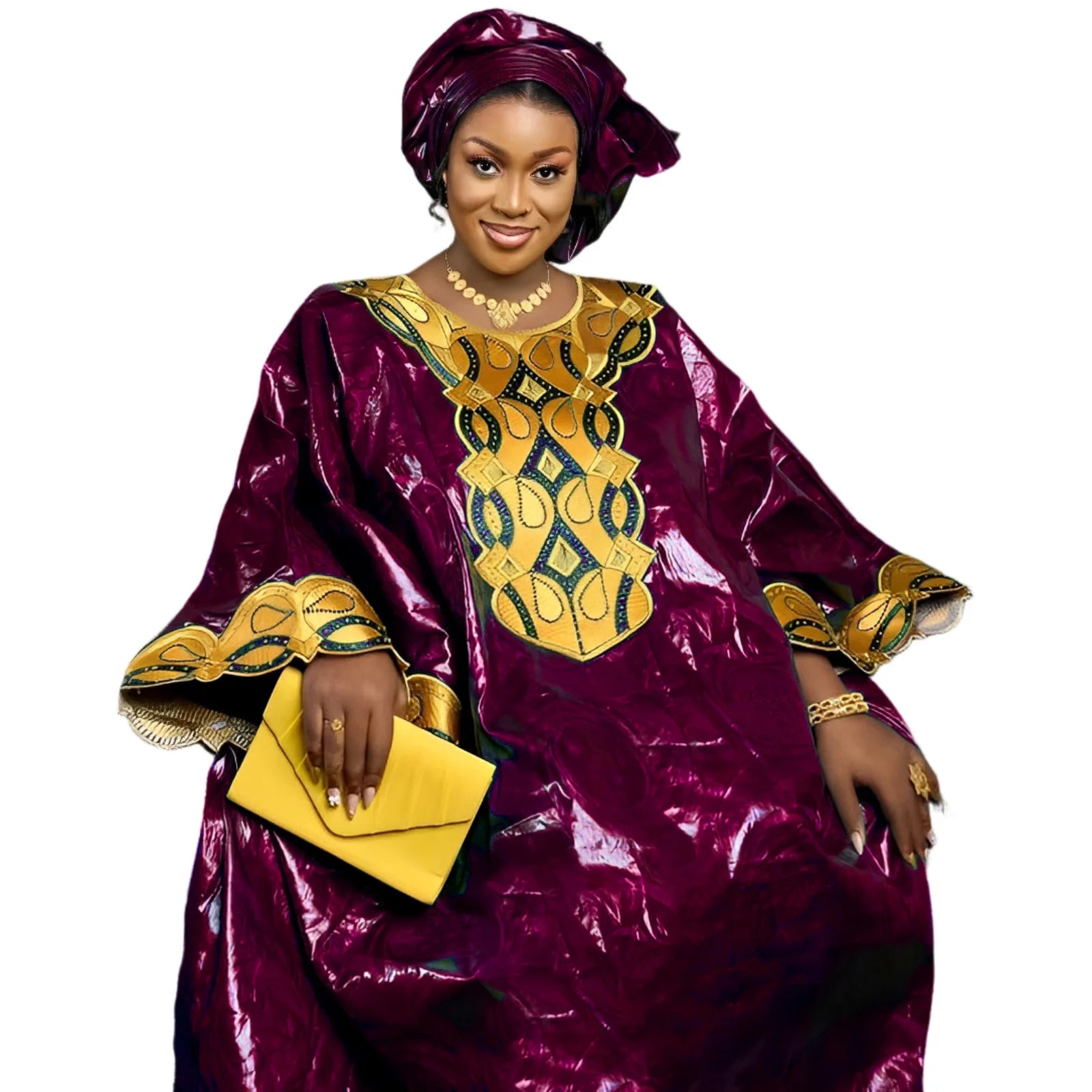 African Bazin Riche Embroidery Long Dress Burgundy | Afrocentric