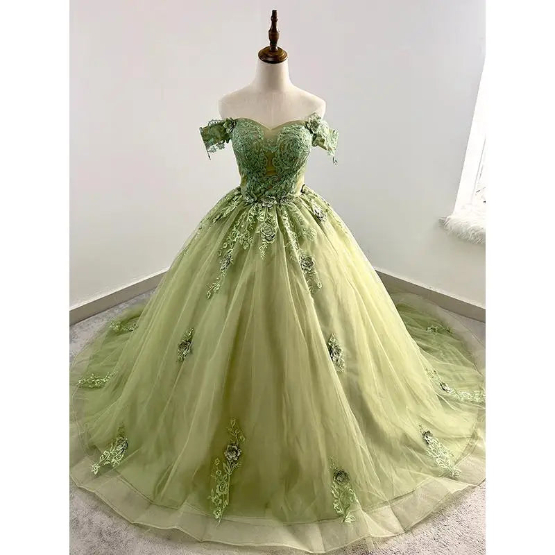 Floral Quinceañera Ball Gown – Off Shoulder Tulle Dress (Plus Size Available)
