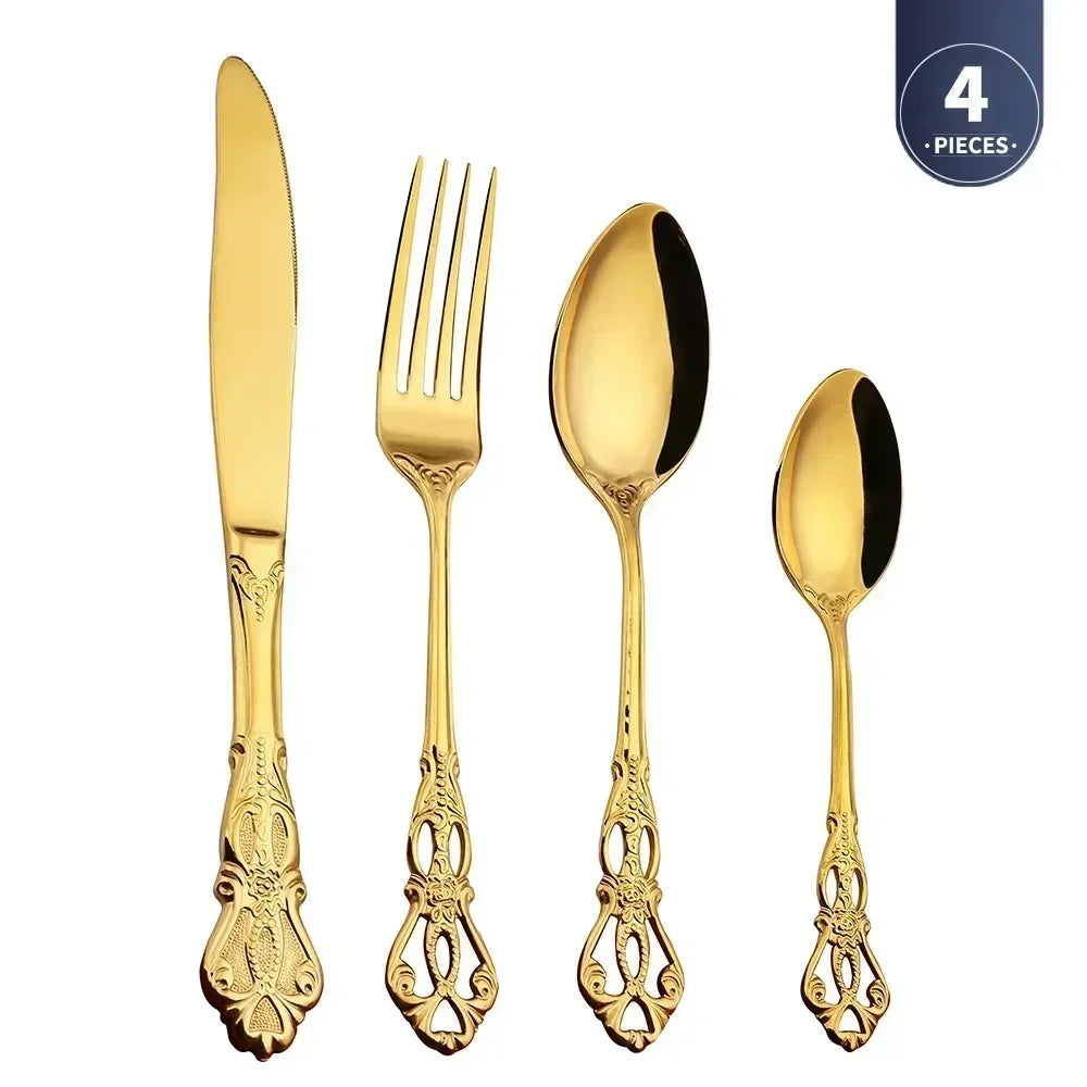 Luxury Retro Cutlery Set | Engraved Stainless Steel Flatware | 4pc, 5pc, 16pc & 24pc Sets Golden 4pcs China Mainland | Afrocentric
