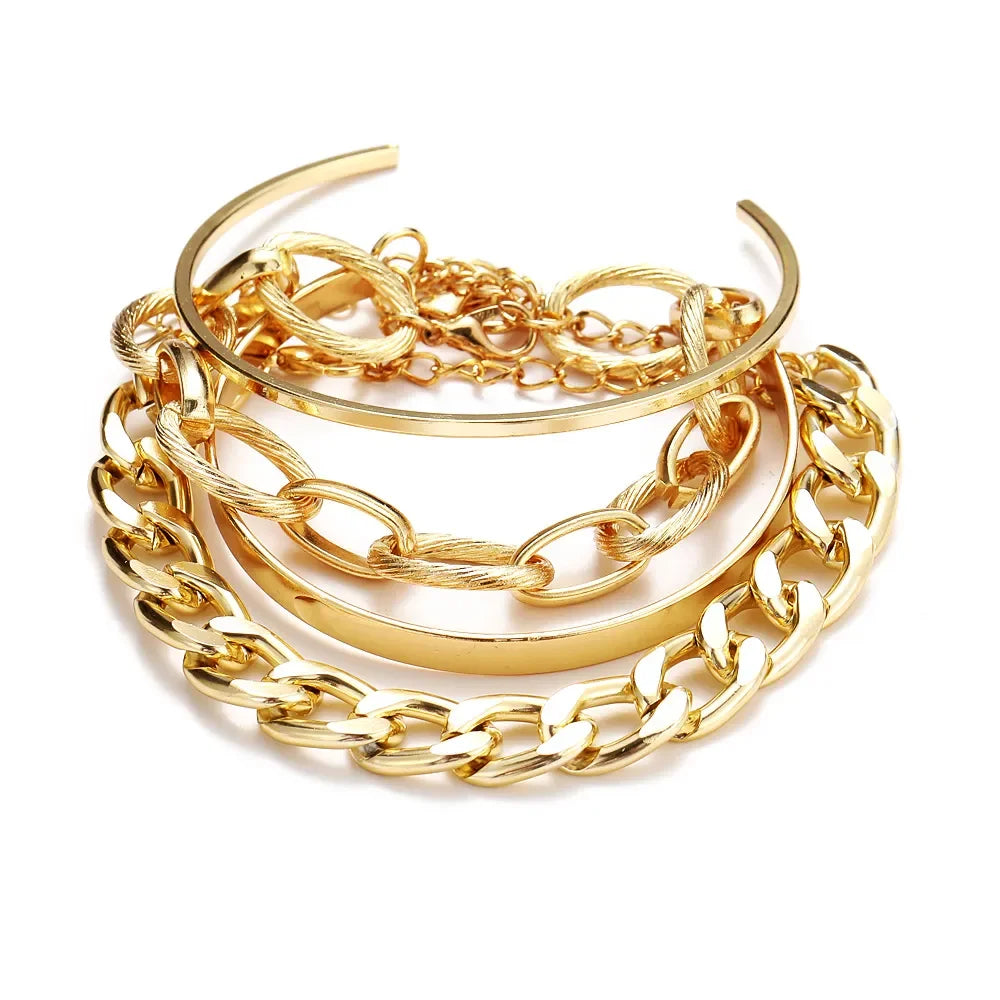 Boho Gold Chain Bracelet Set | Geometric Link Chain Open Bangle for Women | Afrocentric