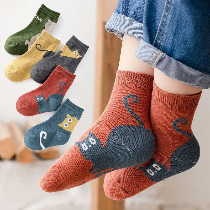 5 Pairs Kids Cartoon Cat Socks - Comfortable Breathable Children Socks for Boys & Girls | Afrocentric