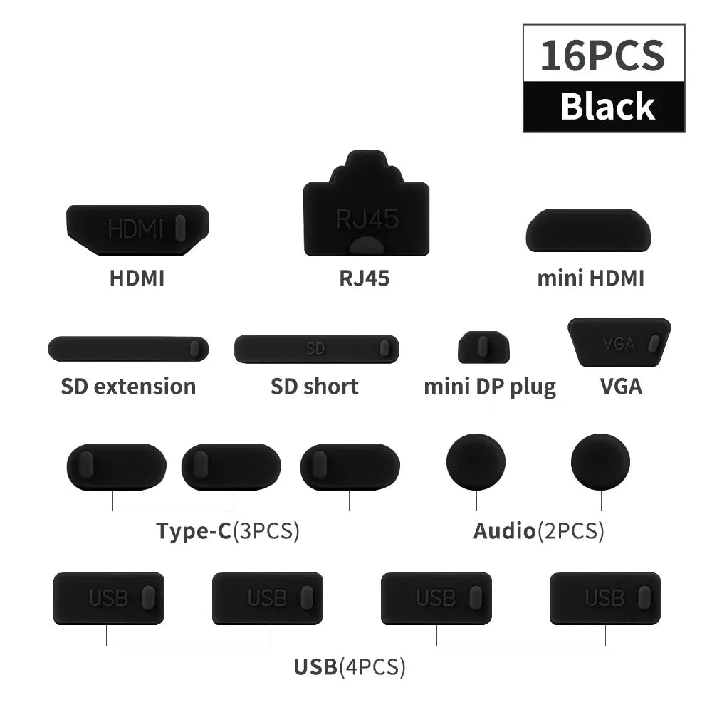 USB-C Dust Protector Caps | Silicone Anti-Dust Plug Set for Laptop Black | Afrocentric