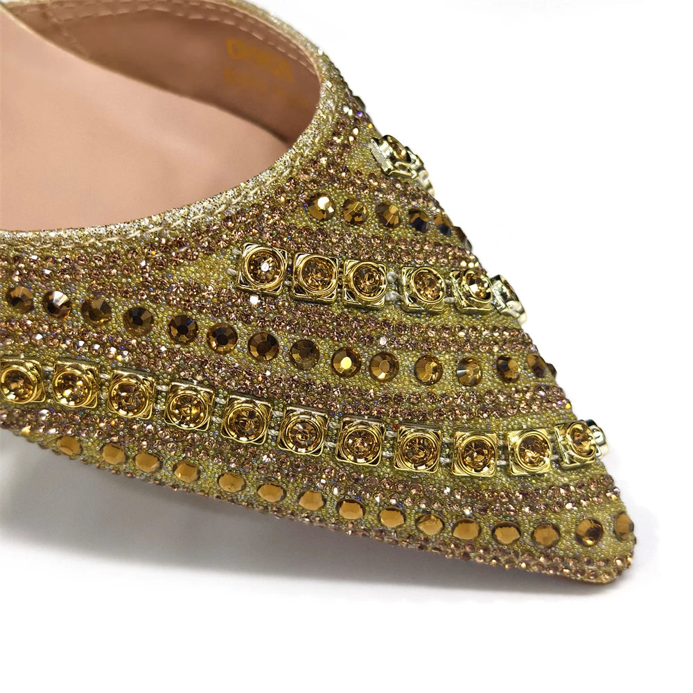2025 Italian Fashion Pointed Toe Rhinestone Women Heels & Bag Set | Afrocentric