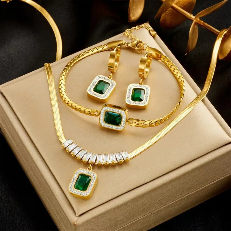 Green Crystal Zircon Jewelry Set | Necklace, Earrings & Bracelet for Women N2085 E4647 B901 | Afrocentric