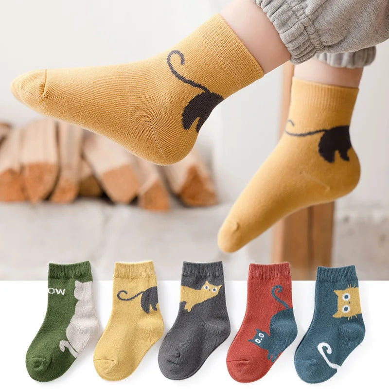5 Pairs Kids Cartoon Cat Socks - Comfortable Breathable Children Socks for Boys & Girls | Afrocentric