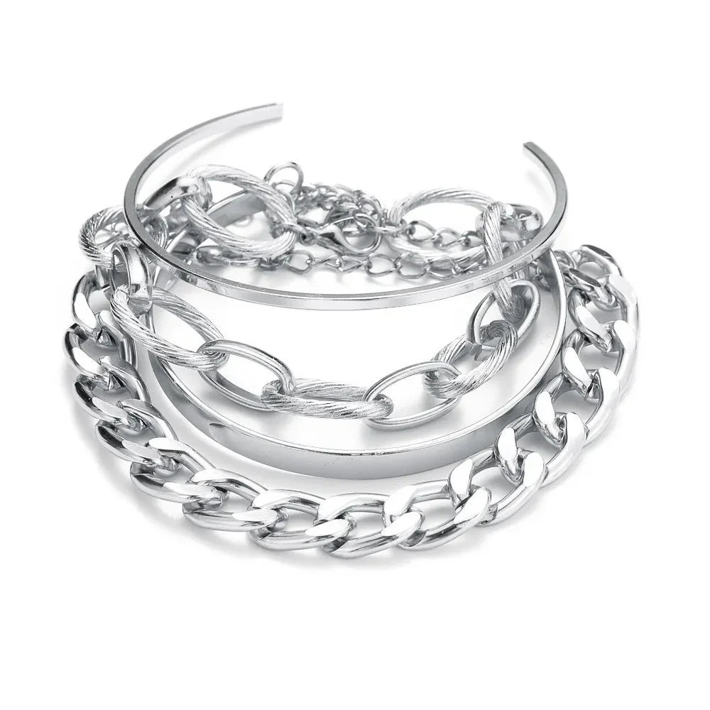 Boho Gold Chain Bracelet Set | Geometric Link Chain Open Bangle for Women | Afrocentric