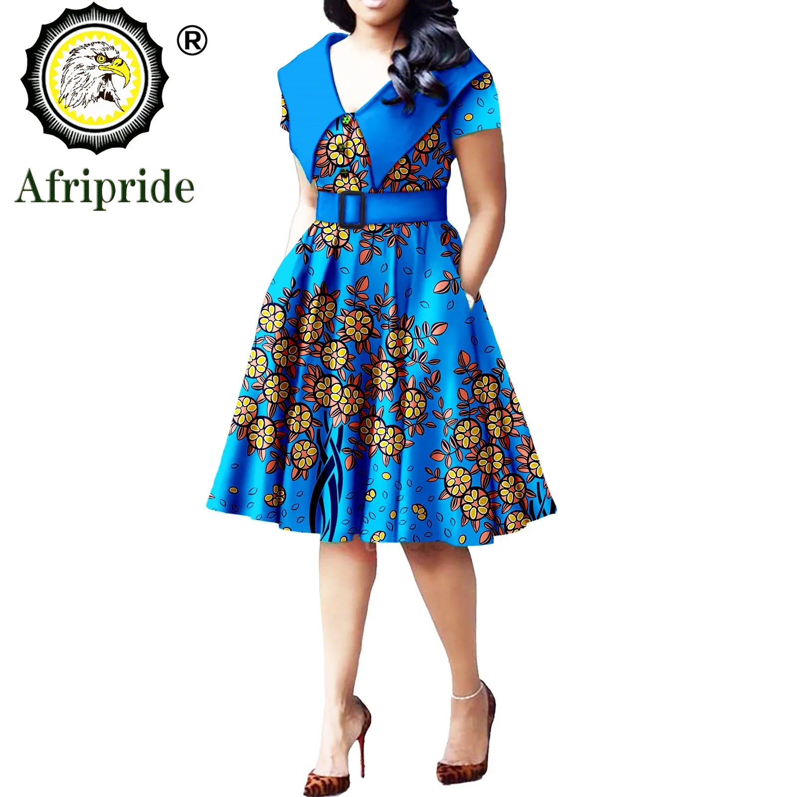 African Print Dresses for Women Short Sleeve Elegant Party Plus Size Pleated Dress with Belt Bazin Riche Ankara Print S2125034 681-13 | Afrocentric