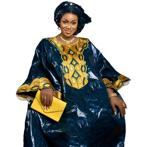 African Bazin Riche Embroidery Long Dress Navy Blue | Afrocentric