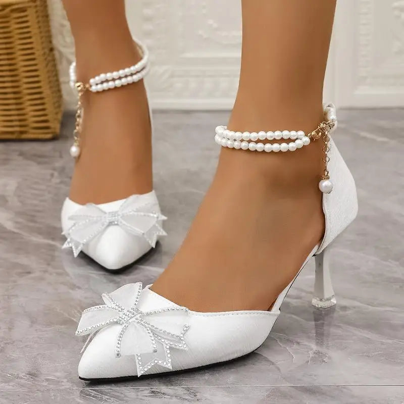 Elegant Pearl Chain Ankle Strap Pumps - Bowknot Pointed Toe High Heel Wedding Shoes | Afrocentric