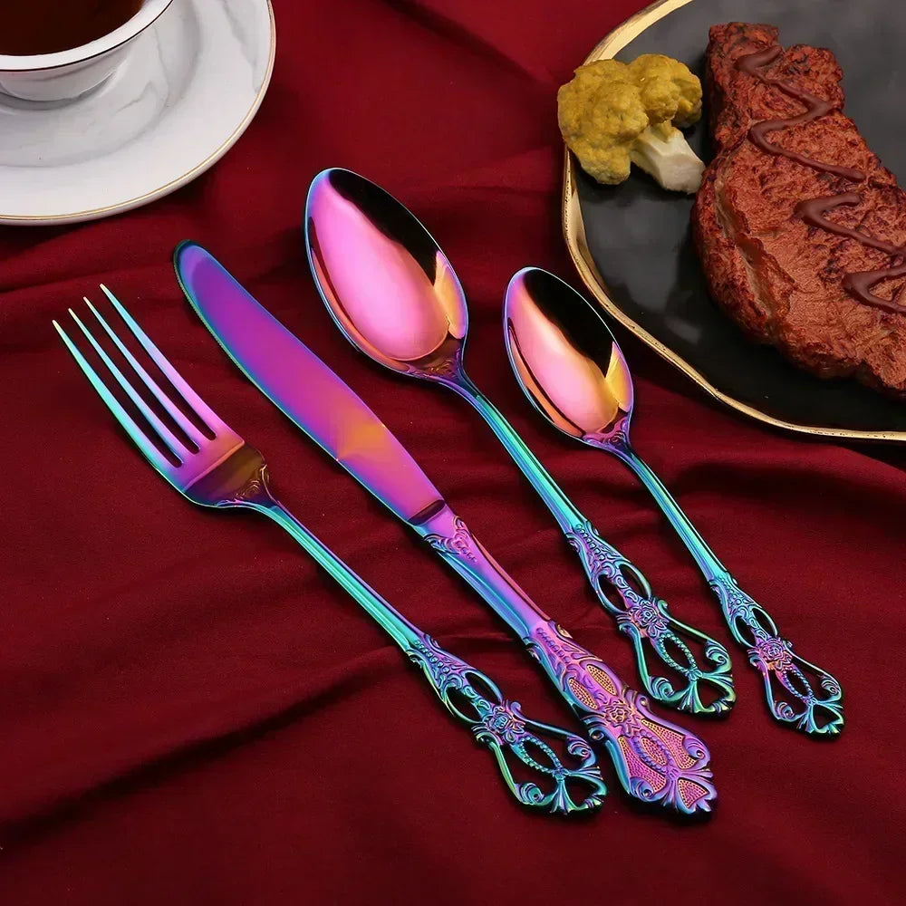 Luxury Retro Cutlery Set | Engraved Stainless Steel Flatware | 4pc, 5pc, 16pc & 24pc Sets | Afrocentric