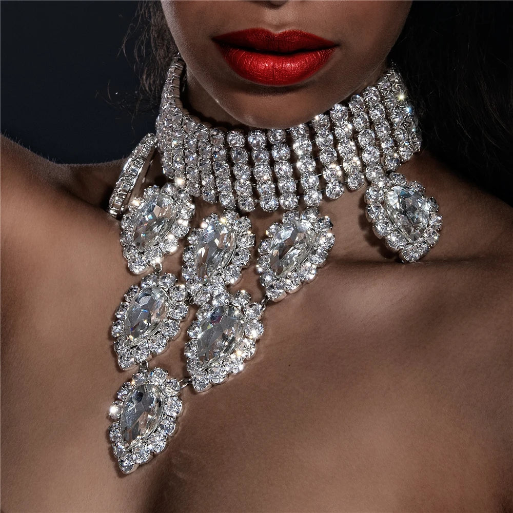 Crystal Rhinestone Choker Necklace | Luxury Geometric Water Drop Chain Collar 05 | Afrocentric