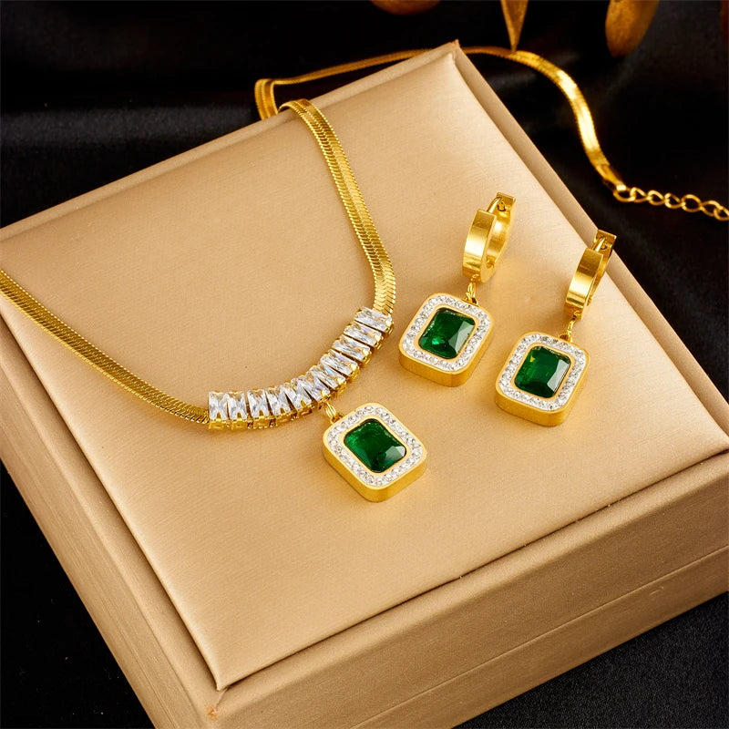 Green Crystal Zircon Jewelry Set | Necklace, Earrings & Bracelet for Women | Afrocentric