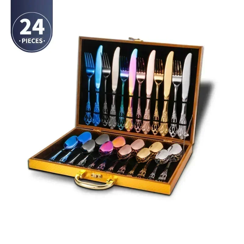 Luxury Retro Cutlery Set | Engraved Stainless Steel Flatware | 4pc, 5pc, 16pc & 24pc Sets Mixed 24pcs Box China Mainland | Afrocentric