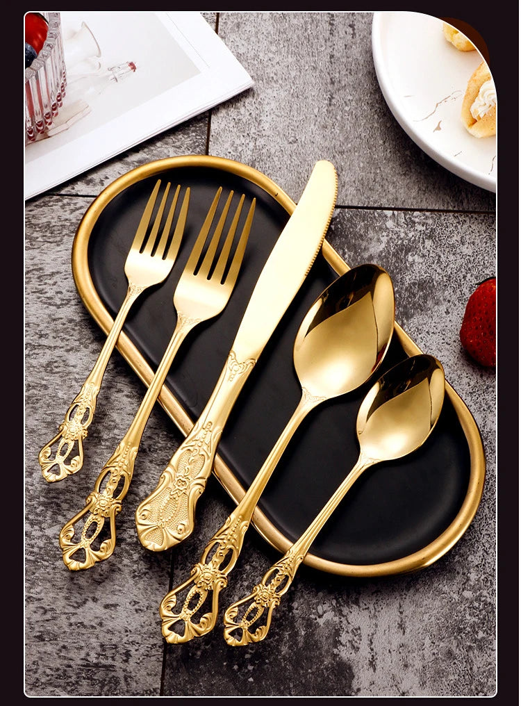 Luxury Retro Cutlery Set | Engraved Stainless Steel Flatware | 4pc, 5pc, 16pc & 24pc Sets | Afrocentric