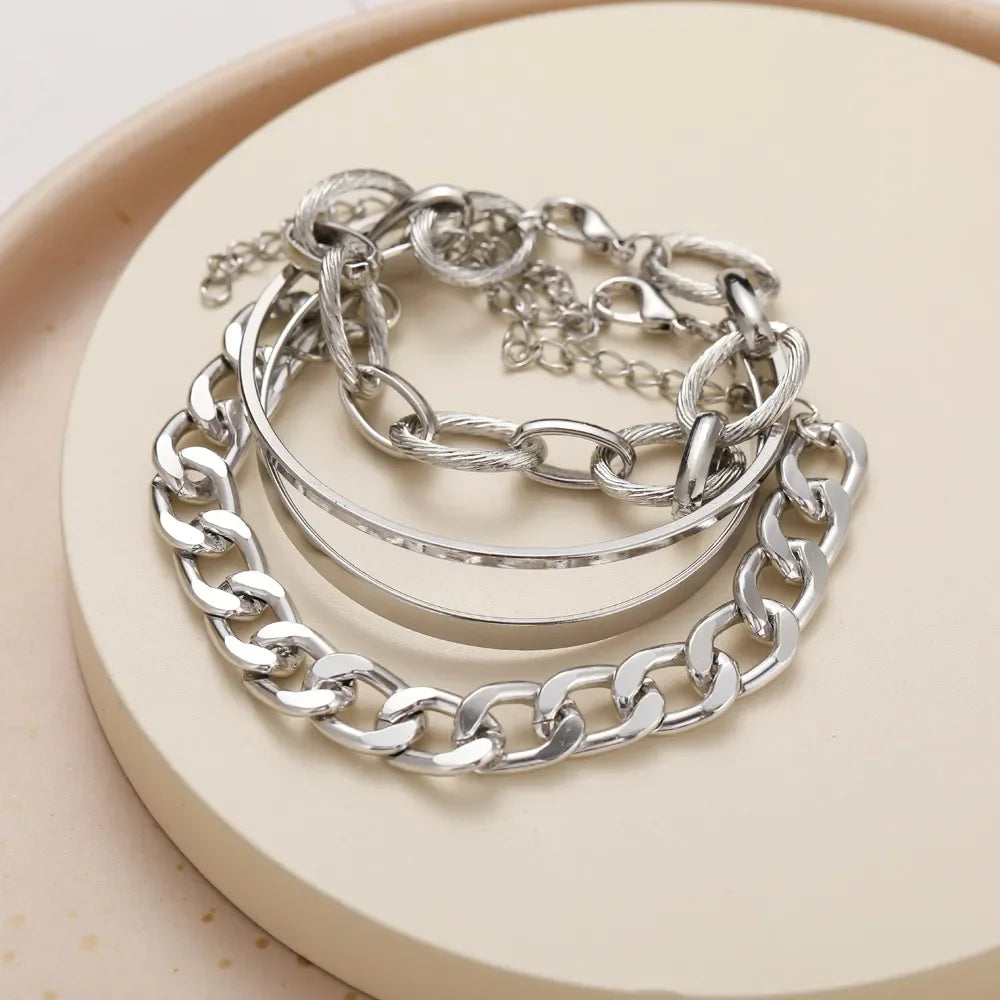Boho Gold Chain Bracelet Set | Geometric Link Chain Open Bangle for Women | Afrocentric