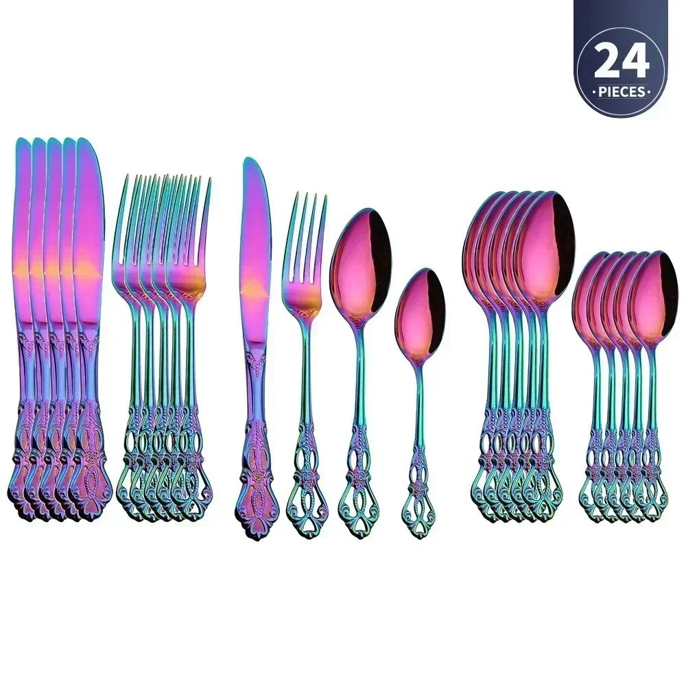 Luxury Retro Cutlery Set | Engraved Stainless Steel Flatware | 4pc, 5pc, 16pc & 24pc Sets Rainbow 24pcs China Mainland | Afrocentric