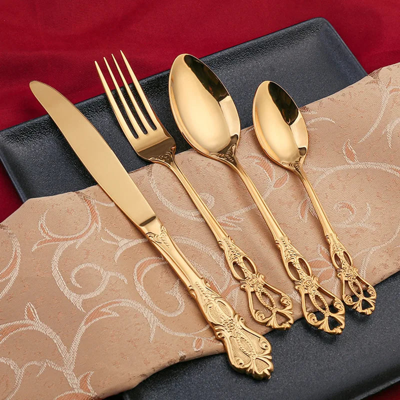 Luxury Retro Cutlery Set | Engraved Stainless Steel Flatware | 4pc, 5pc, 16pc & 24pc Sets | Afrocentric