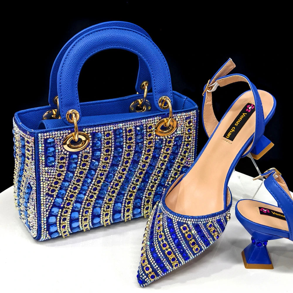 2025 Italian Fashion Pointed Toe Rhinestone Women Heels & Bag Set BLUE | Afrocentric