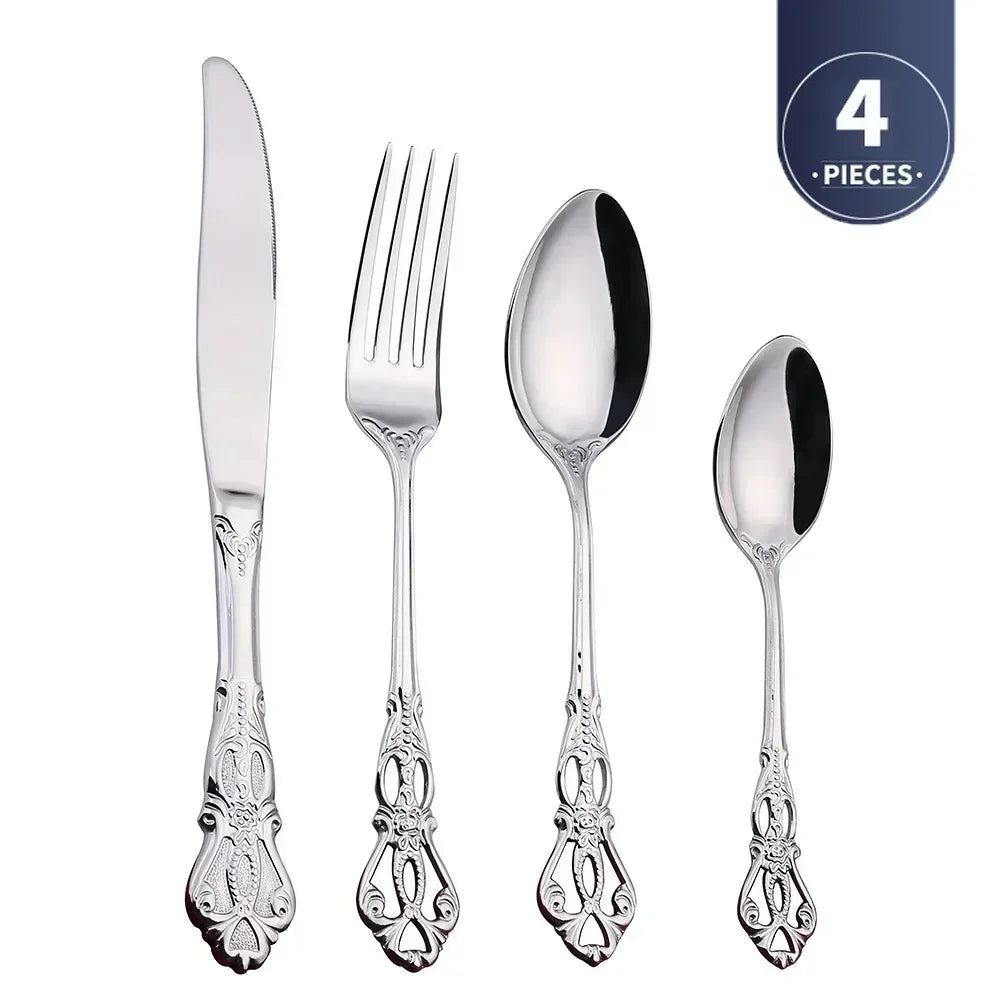Luxury Retro Cutlery Set | Engraved Stainless Steel Flatware | 4pc, 5pc, 16pc & 24pc Sets Silver 4pcs China Mainland | Afrocentric