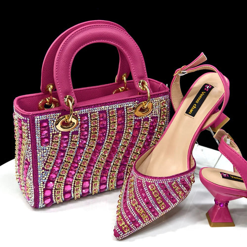 2025 Italian Fashion Pointed Toe Rhinestone Women Heels & Bag Set FUCHSIA | Afrocentric