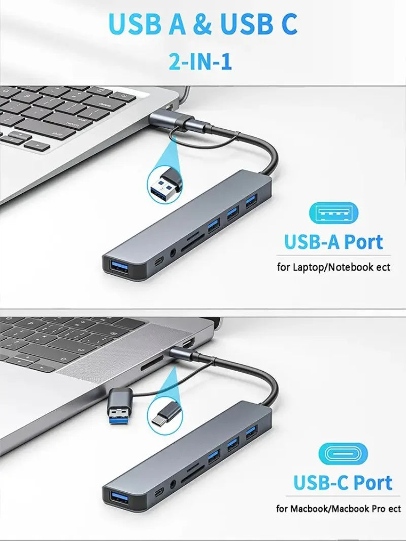8-in-1 USB-C Hub - 4 USB Ports, USB-C, TF/SD Card Reader & 3.5mm Audio for MacBook & iPad | Afrocentric